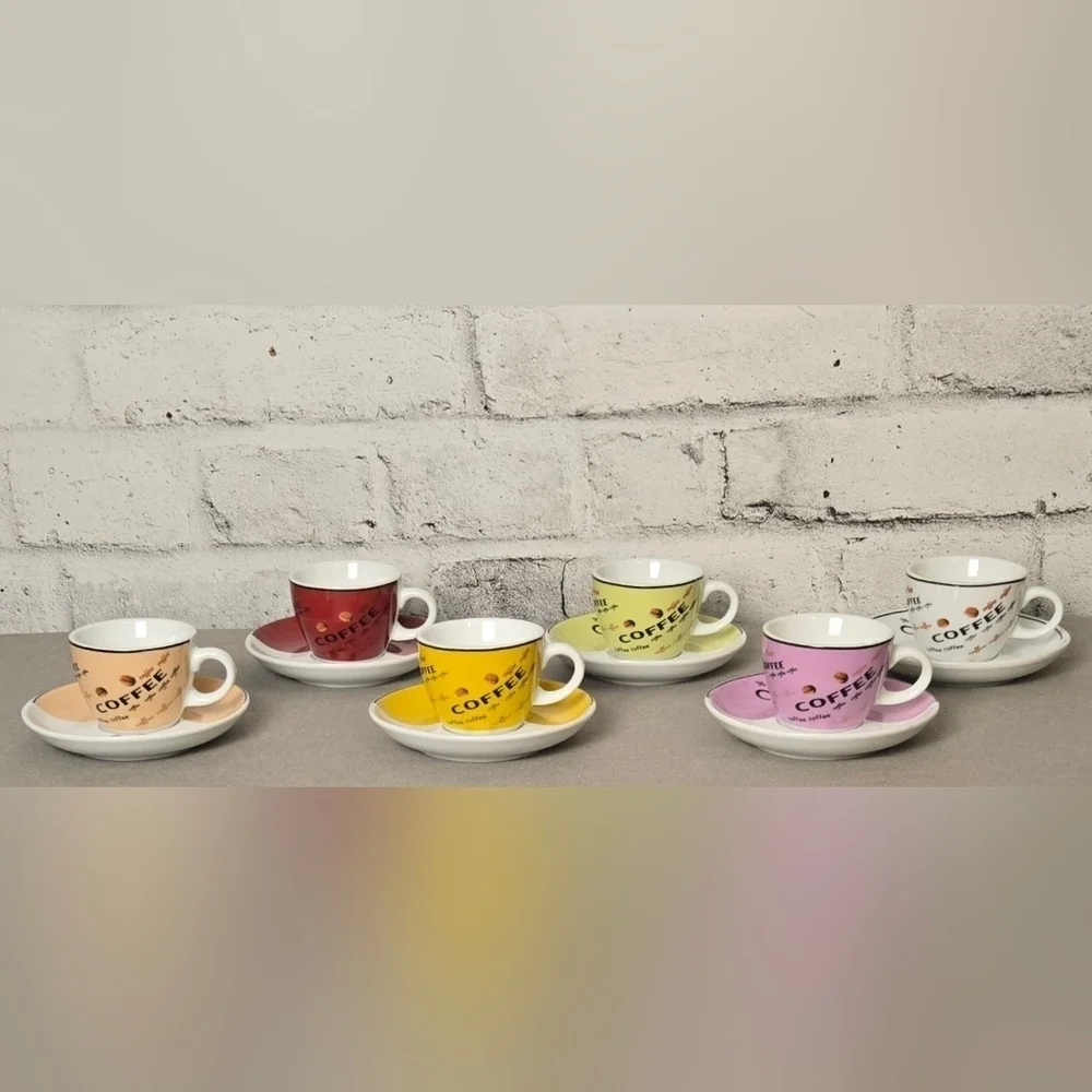 Vintage Café Coffee Cups & Saucers Set of 6 Multicolor Espresso Style - Picture 3 of 12